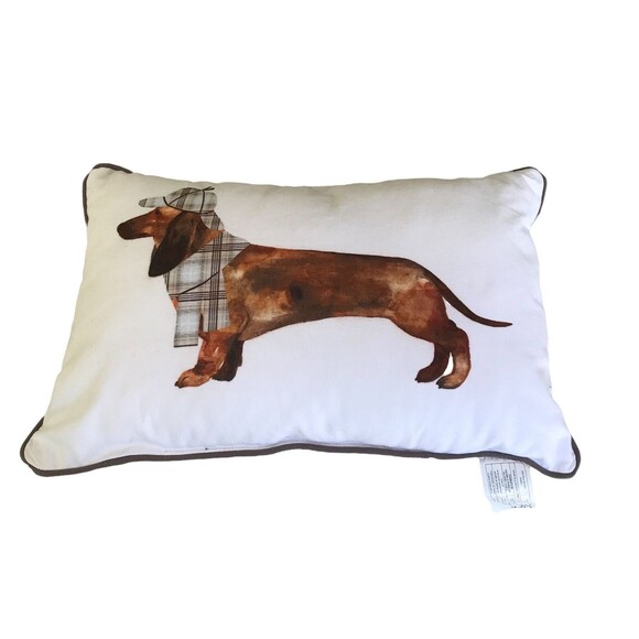 Throw Pillow 19 x 11 Plaid Sherlock Homes Dachshund White Brown Tan Bedroom Dog - Picture 1 of 6